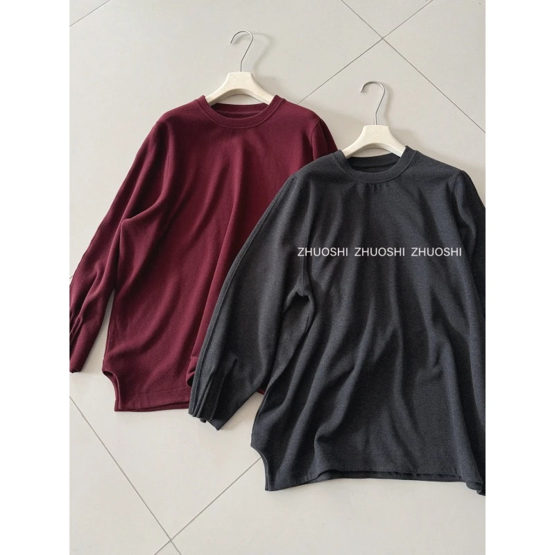 #7017简约松弛设计感正肩圆领打底衫 宽松百搭遮肉显瘦轻暖绒上衣