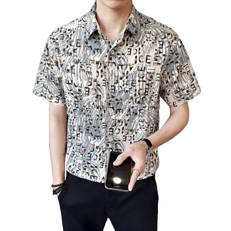 男款纯棉印花短袖衬衫夏季男中袖青年帅气男士穿搭高级男衬衣百搭