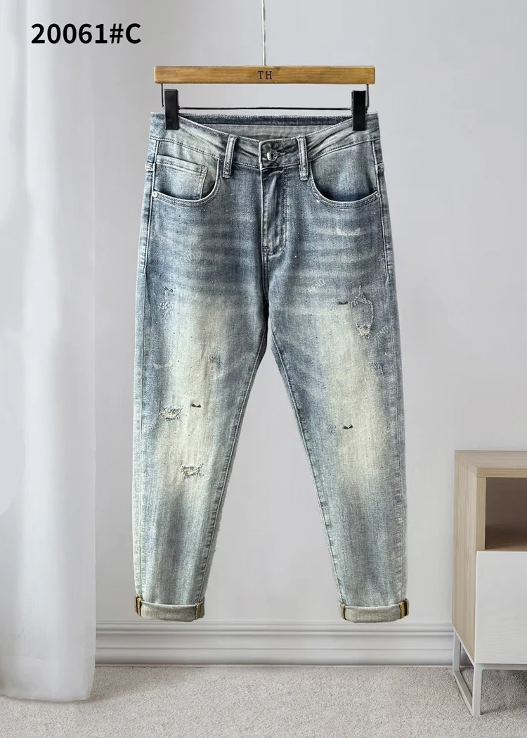 高端烫钻牛仔裤男款潮牌欧货2025春夏季薄款修身小脚破洞休九分裤