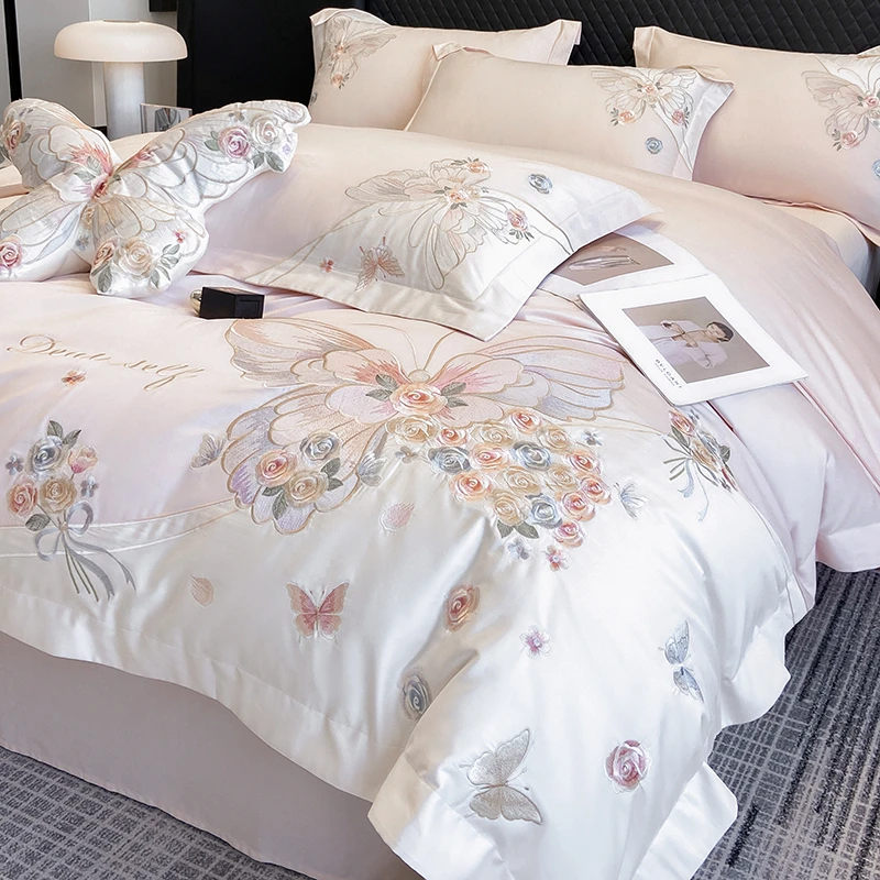 轻奢纯棉高级新疆长绒棉四件套刺绣被套床品全棉床单床笠款三件套