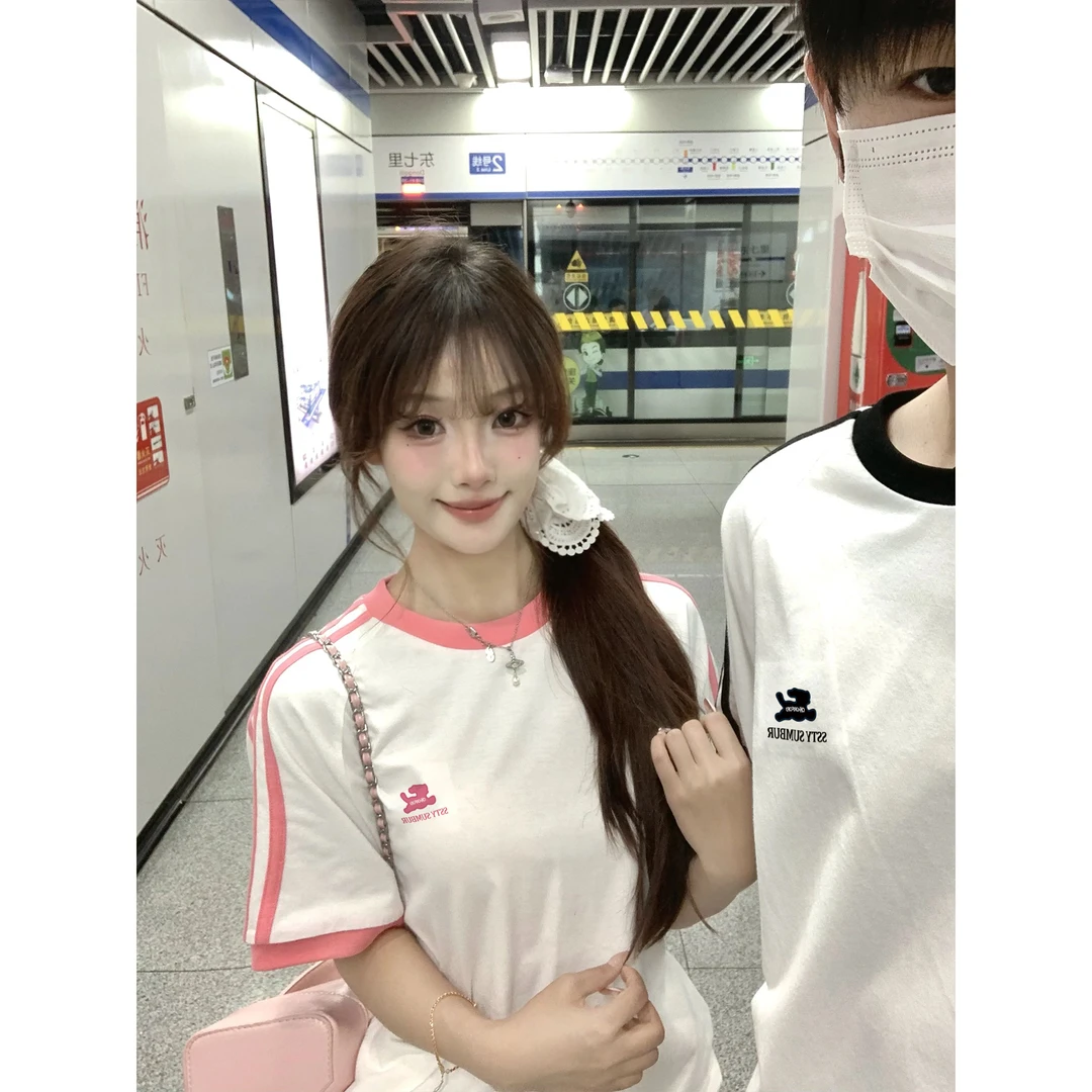 新款夏季新款三杠圆领短袖女t恤韩系时尚情侣百搭款修身显瘦上衣