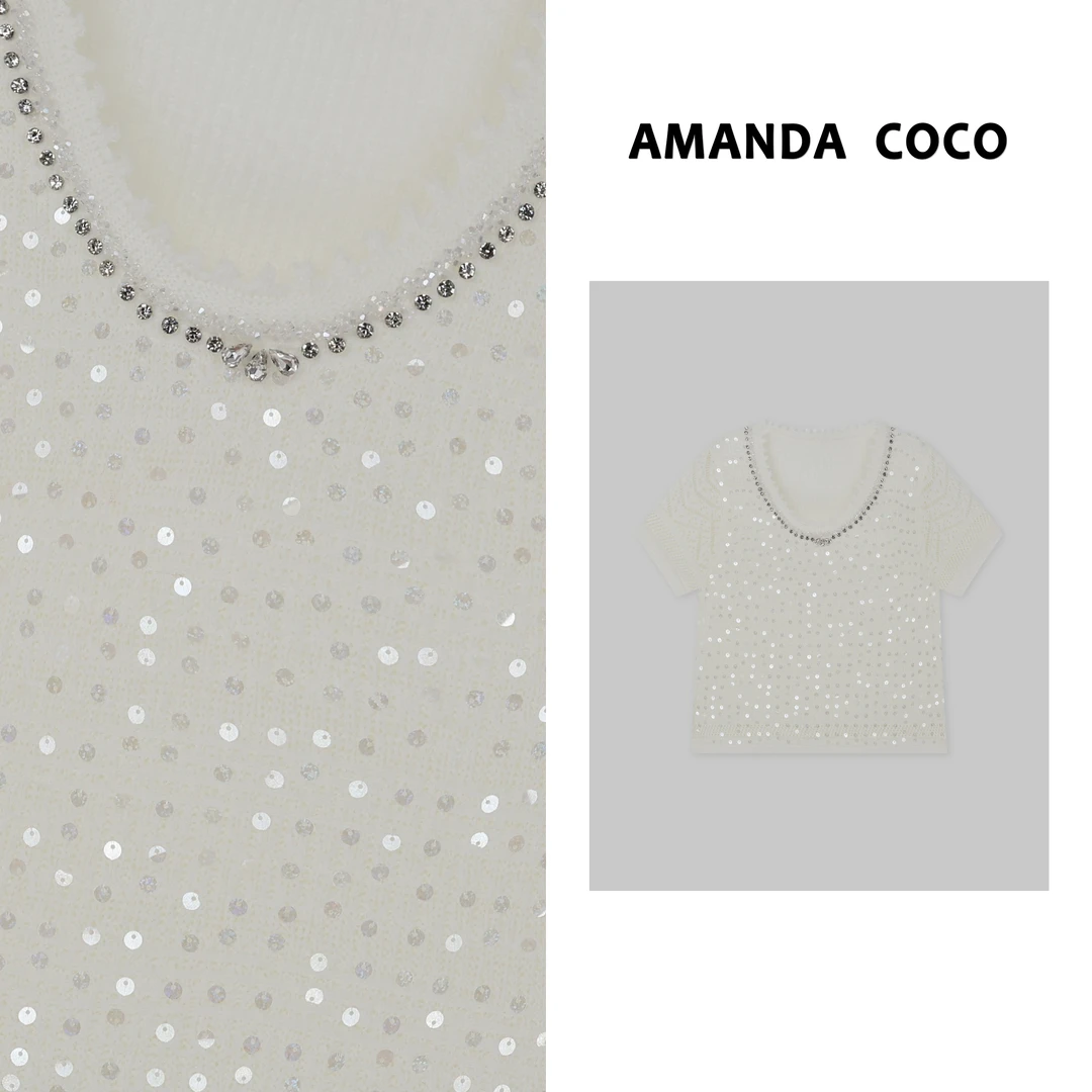 辰辰 | 夏季重工串钻人鱼姬亮片时髦v领短袖针织衫