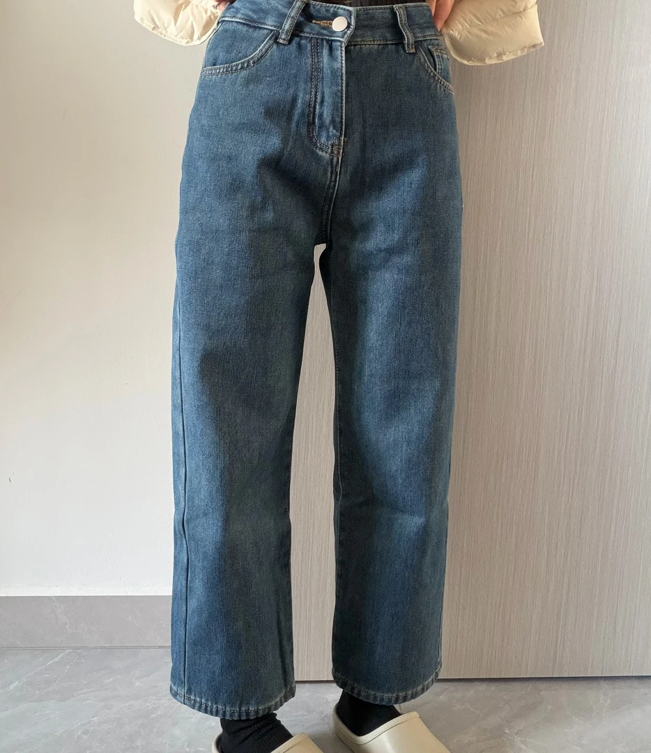 2025新款小个子加绒休闲百搭直筒牛仔阔腿裤9分裤高腰牛仔裤女