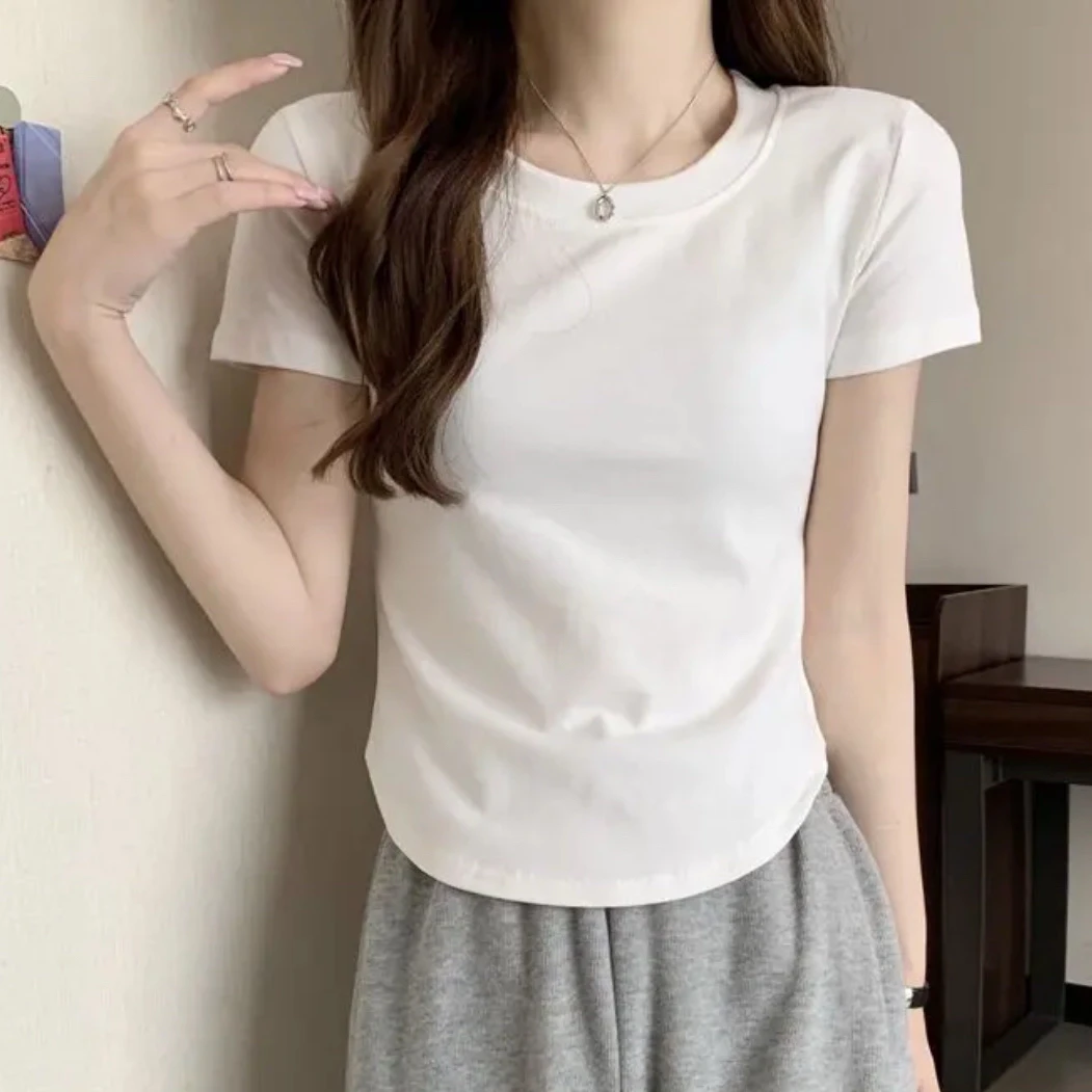 白色圆领正肩短袖t恤女甜辣妹褶皱收腰修身时尚短款多巴胺上