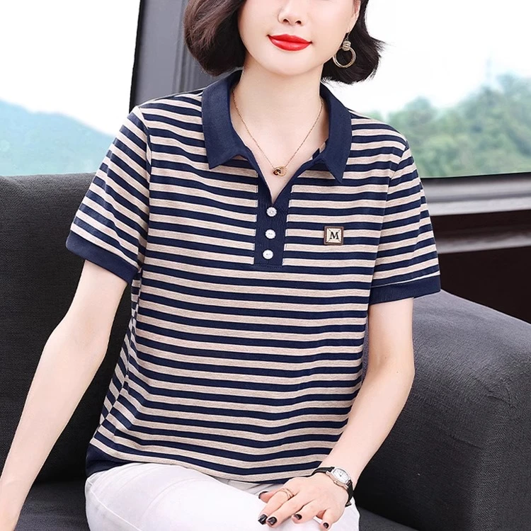 中老年妈妈夏装纯棉有领短袖t恤女宽松条纹翻领POLO小衫休闲上衣