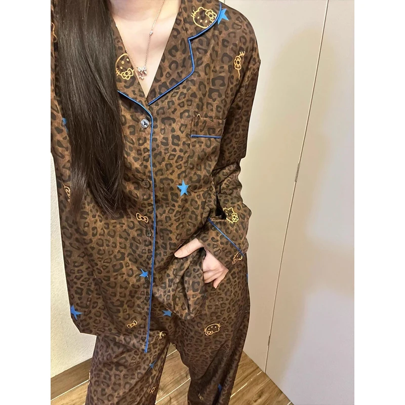 韩系豹纹设计感Kitty印花睡衣女款夏季2025舒适显瘦家居服套装ins