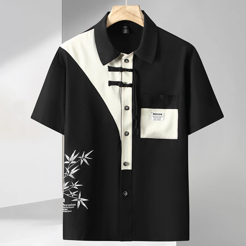 男士加肥加大码冰丝短袖盘扣衬衫新中式国风时尚潮流薄款宽松衬衣