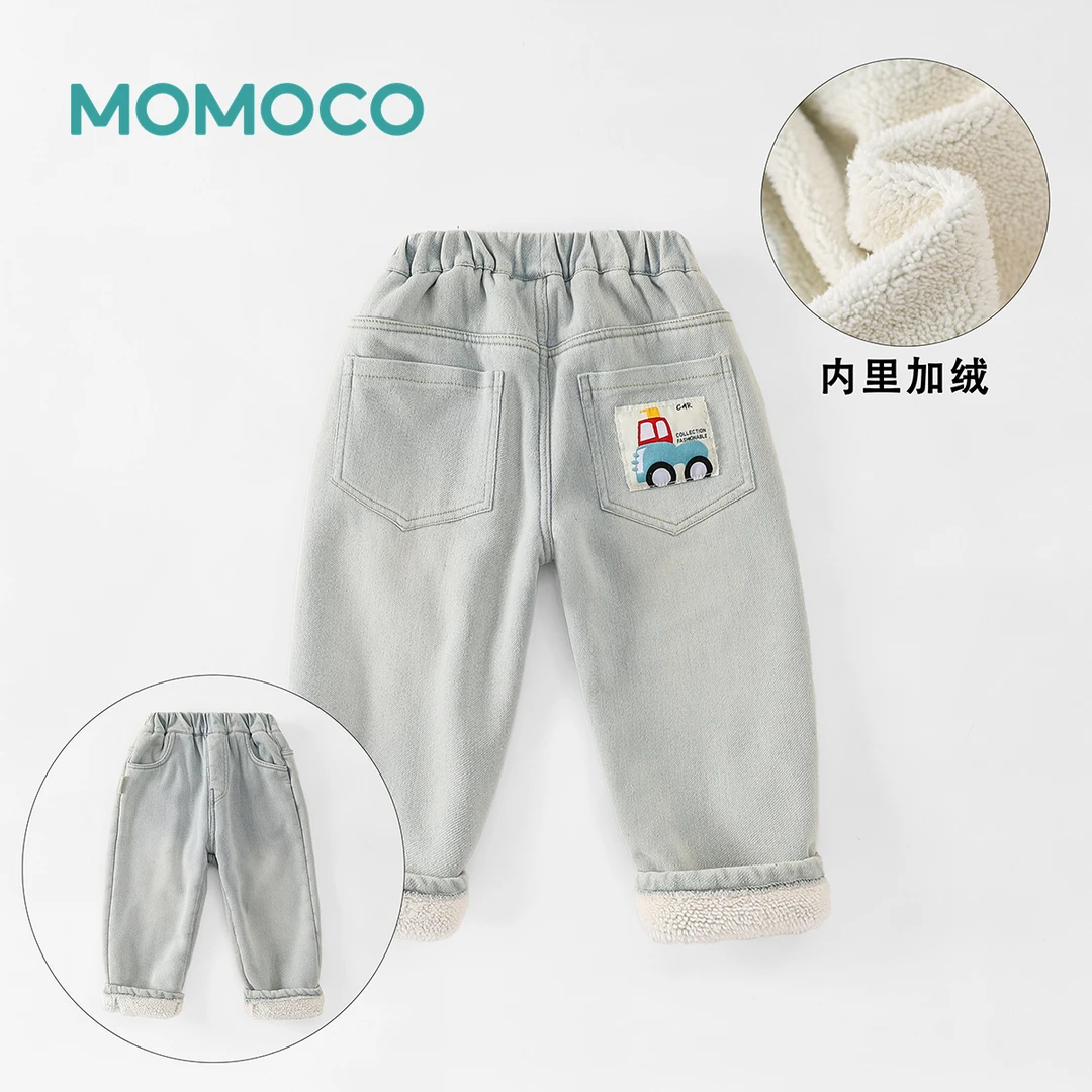 MOMOCO冬季男童洋气卡通贴布小汽车口袋加绒牛仔裤77430350046
