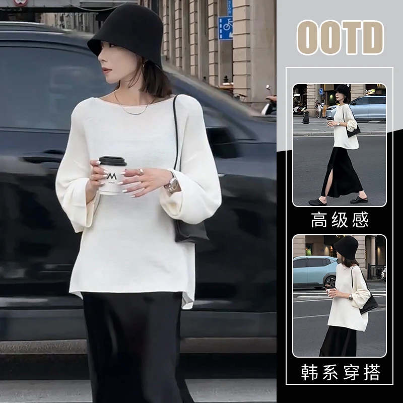 美式别致显气质套装女港风洋气宽松百搭长袖上衣高腰开叉半身裙潮