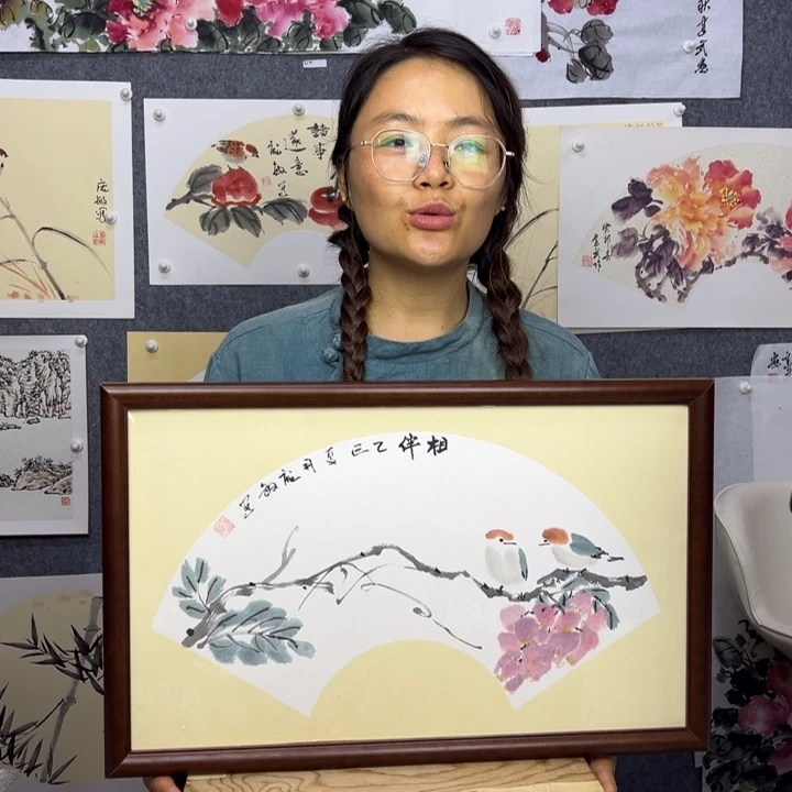 国画手绘紫藤花开带框