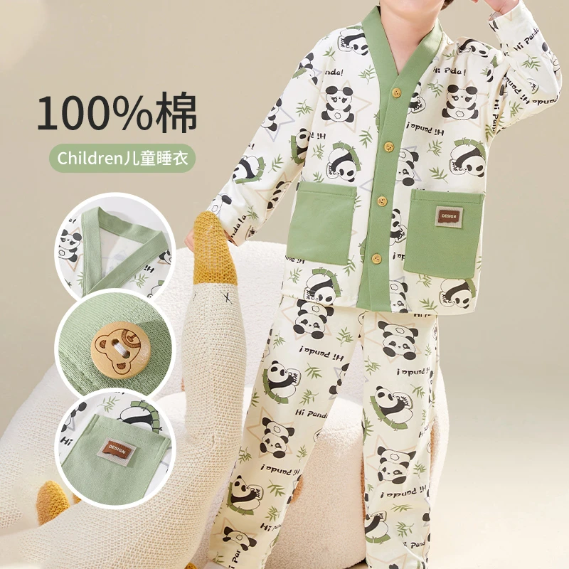 【100%棉】儿童满印领男童套装冬季棉开扣长袖童装睡衣(秋冬)