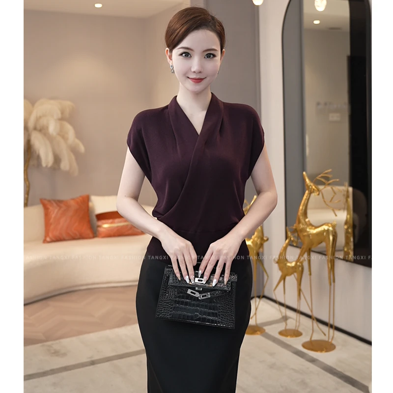 2026夏新款【7546】莱赛尔天丝上衣短袖女装紫色设计感凉快透气v