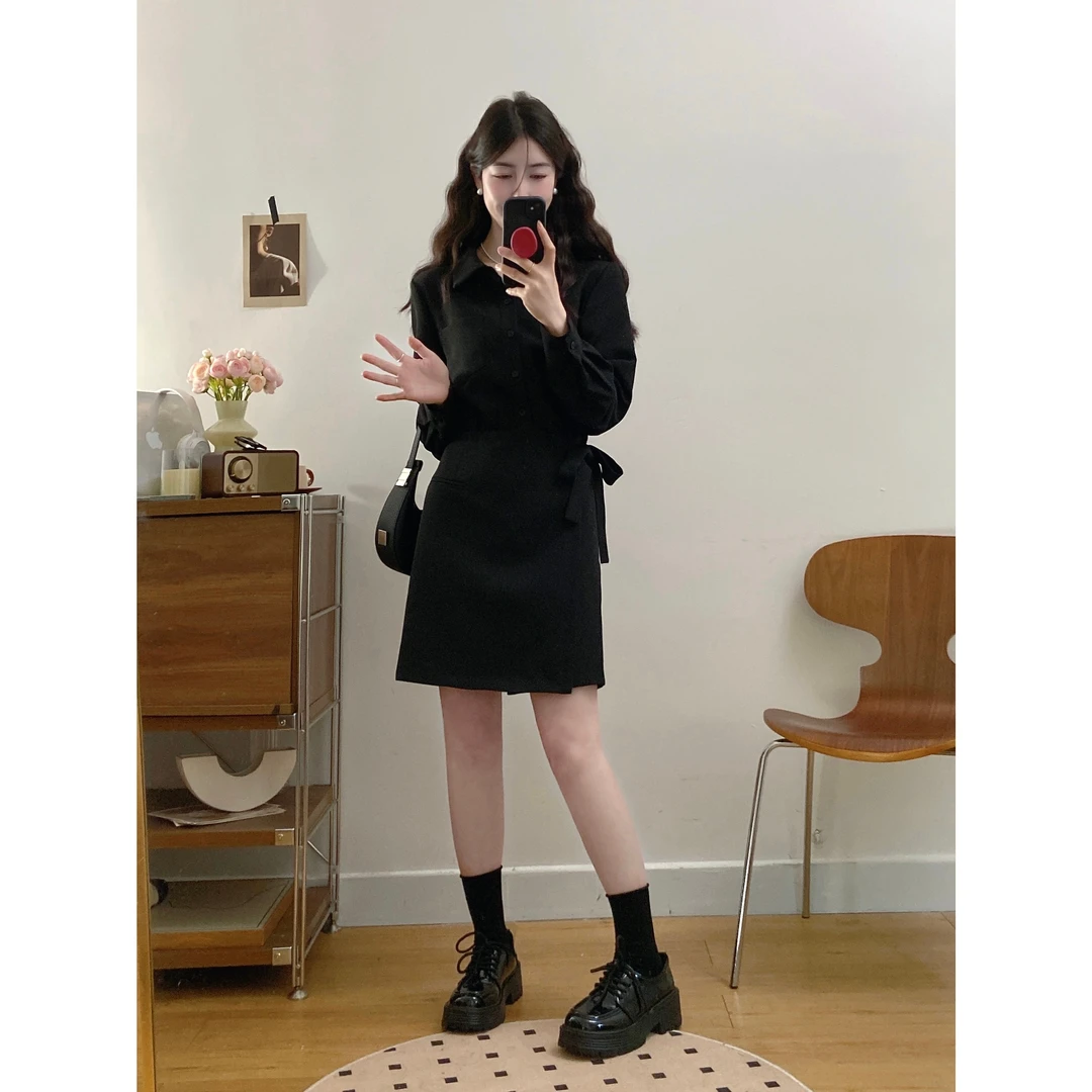 大码女装polo领设计感气质感显瘦假两件绑带长袖连衣裙