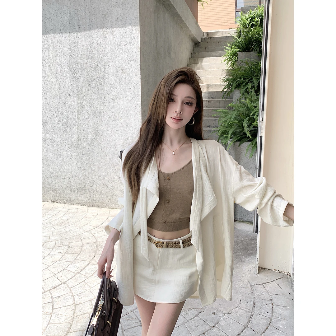 【QIUROUYAO邱肉瑶】度假风宽松清透感松弛亚麻短裙套装