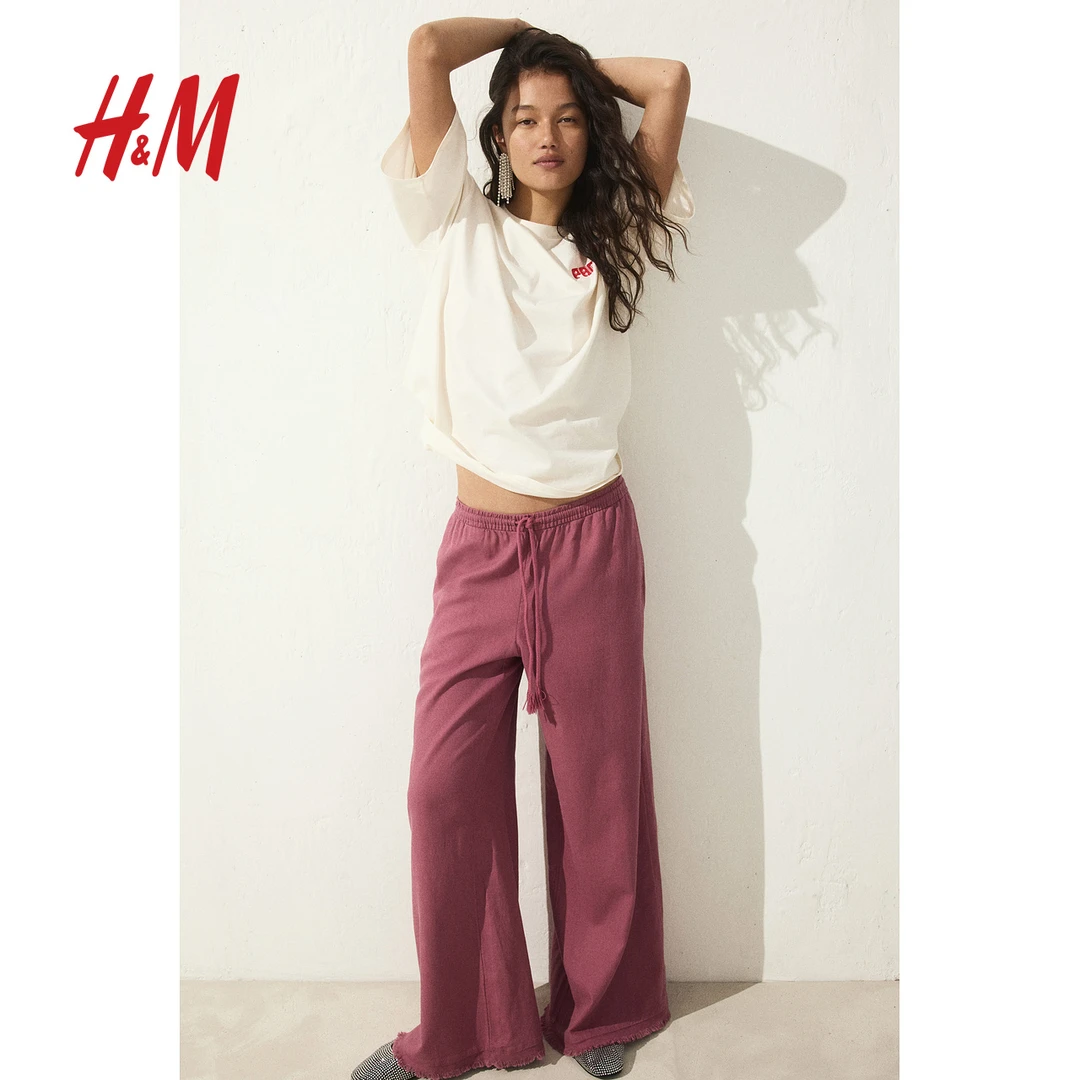 HM女装2025夏季新款流光风阔腿亚麻混纺长裤1262025
