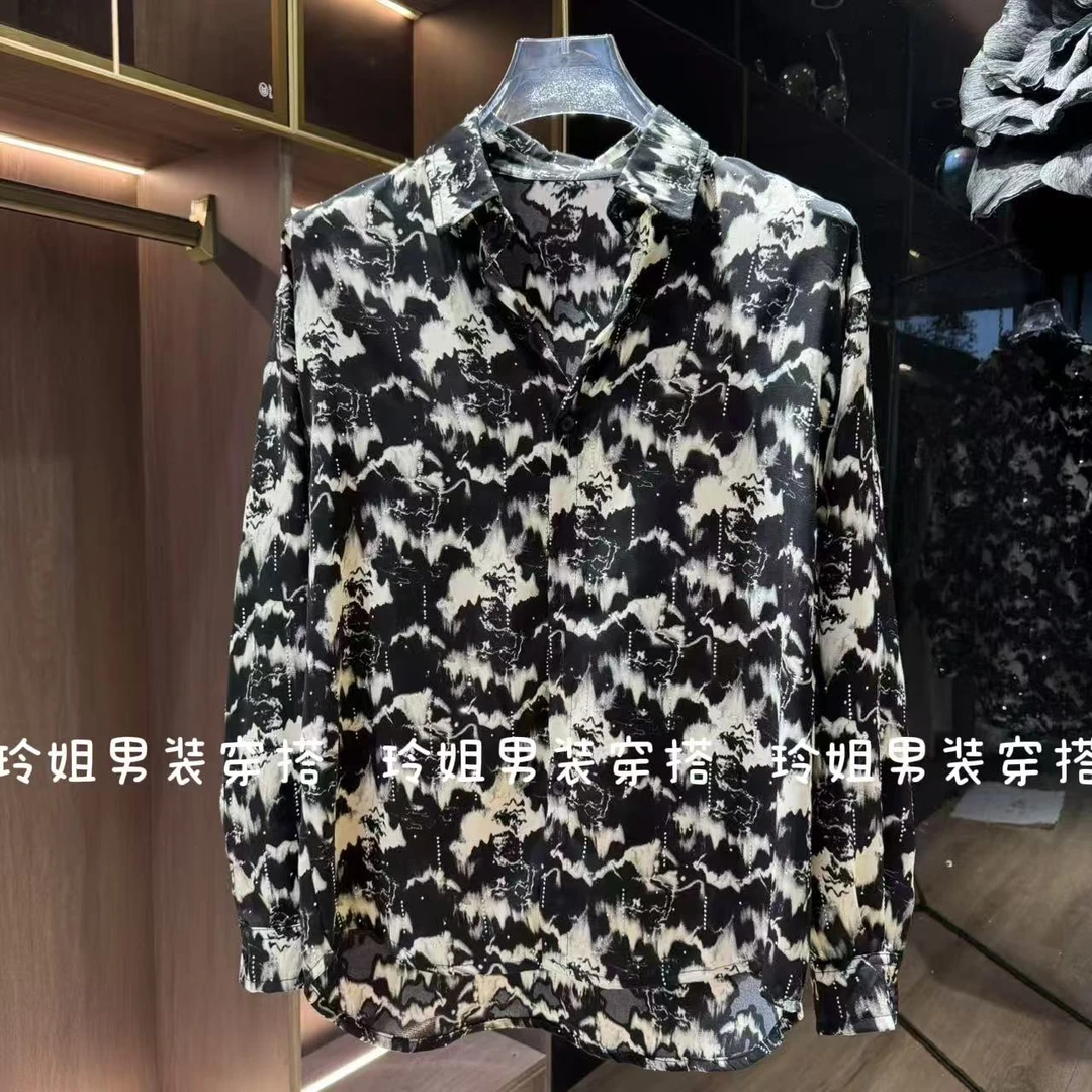 春夏季新款男士潮流自主设计时尚潮流休闲亮钉印花宽松防晒衬衫