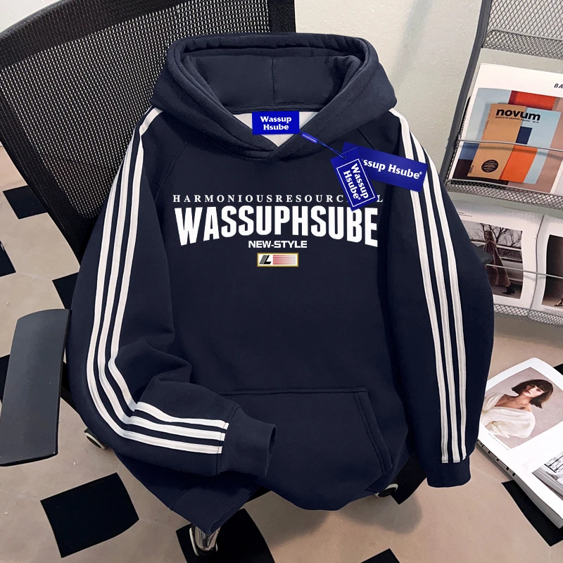 WASSUP HSUBE三条杠美式英文印花重磅连帽卫衣潮牌高街男女休闲风