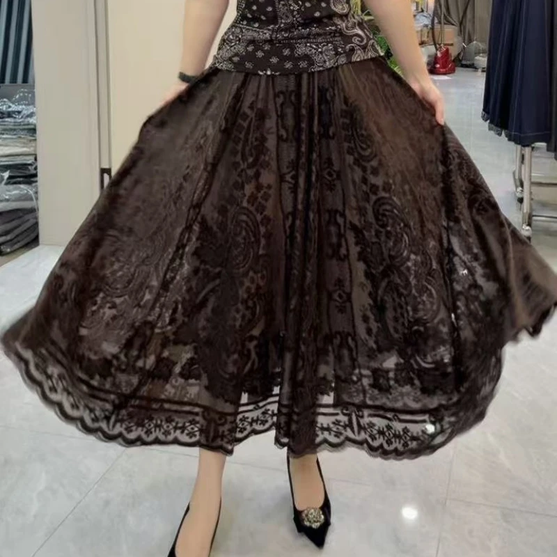 2593拼接半身裙新中式夏季百褶裙A字裙老钱风连衣裙A型重工