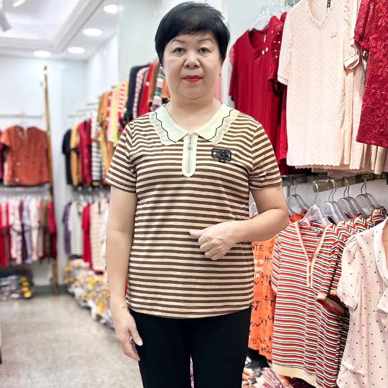 【君蒂】时尚妈妈装条纹夏季短袖T恤大码中老年人女装弹力透气上衣