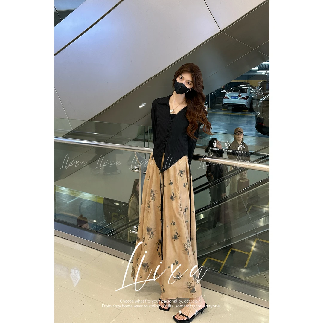 Liixu春季新款新中式小衫水墨裙裤休闲套装网红三件套女24Q023