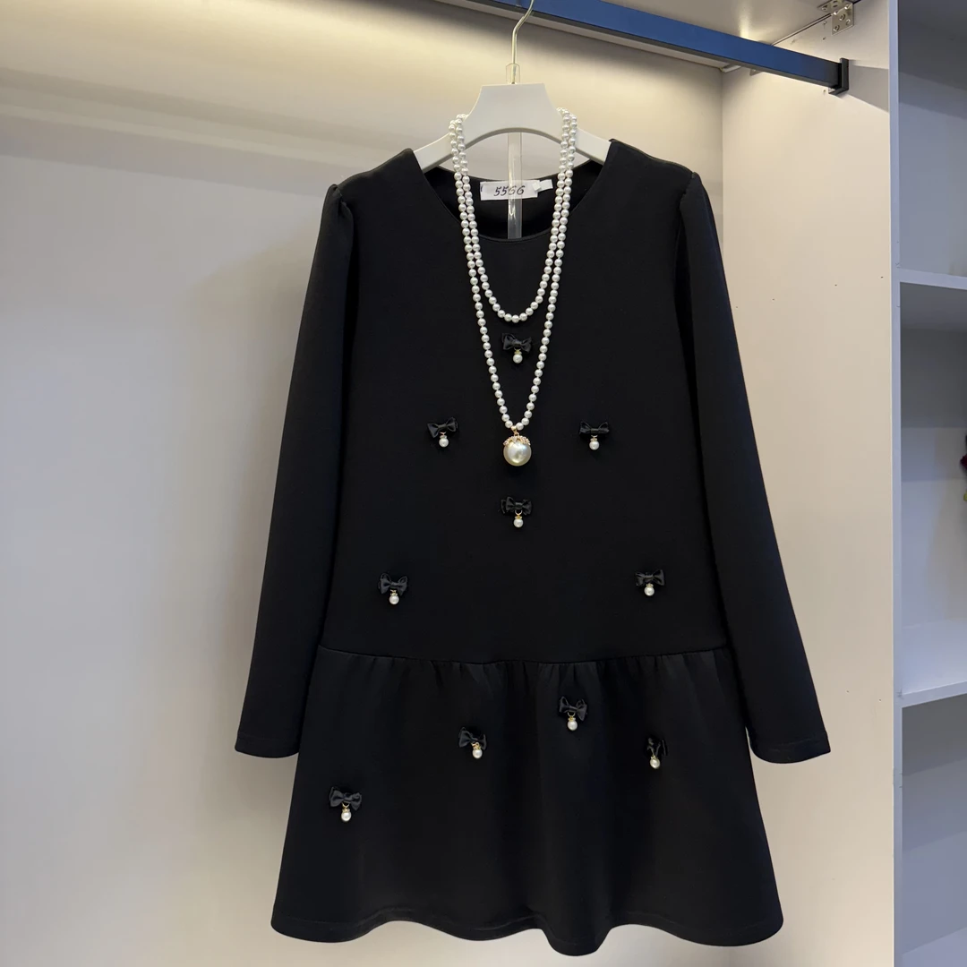 欧货2025新款大码女装胖妹妹韩版显瘦蝴蝶结减龄连衣裙(裙长85)