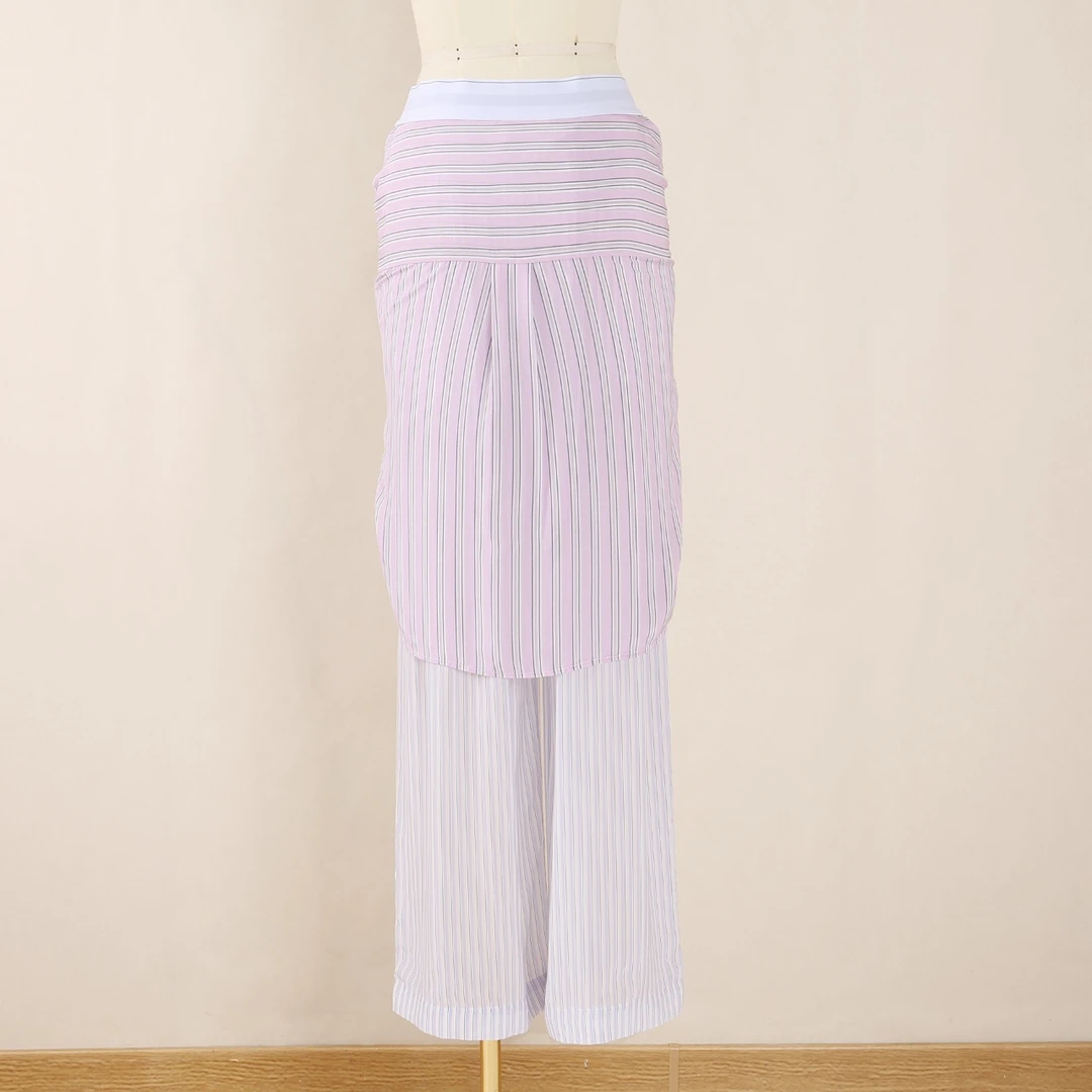 【1422】假两件条纹真丝休闲裤