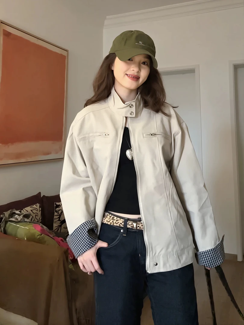 潮牌立领拼接格纹外套女2025秋季新款设计感小众休闲情侣夹克上衣