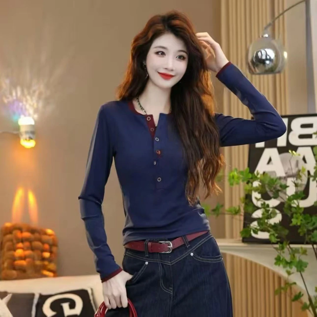 2025秋季新款假两件长袖扣正肩T恤女装修身显瘦打底衫上衣内搭