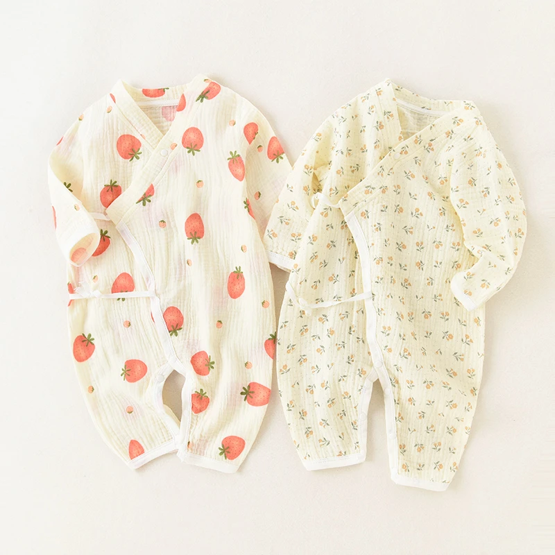 婴儿纱布连体衣纯棉宝宝贴身睡衣新生儿长袖空调服薄款春夏季衣服