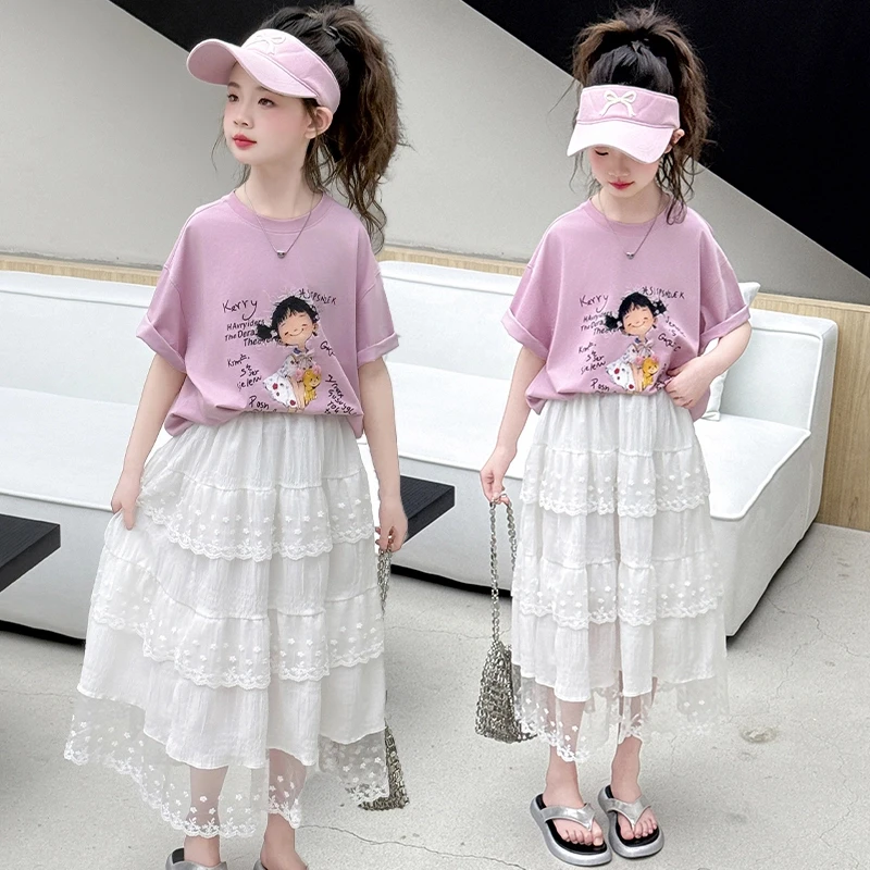 女童短袖蕾丝半身裙套装2025新款6-12岁潮款中大童时尚洋气两件套