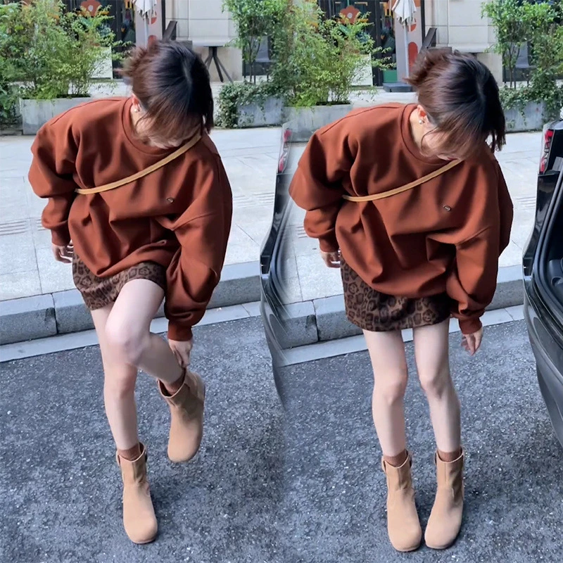 韩版chic宽松遮肉中长款卫衣女秋季百搭上衣豹纹短裙两件套装