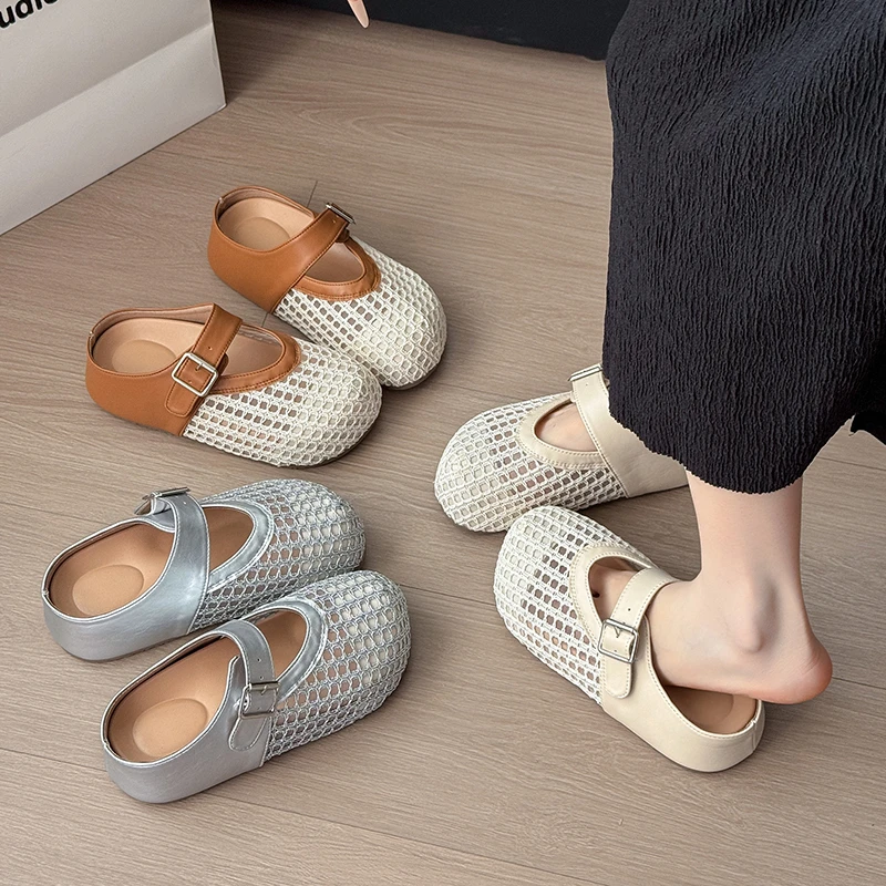 百搭勃肯鞋女透气内增高夏厚底包头半拖镂空网面极简软底卡皮巴拉