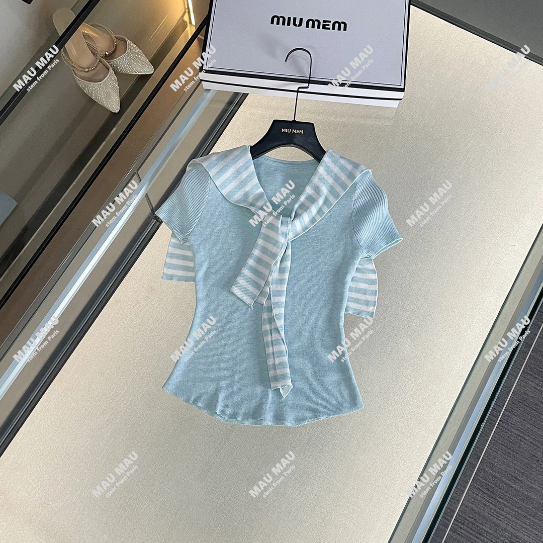 2025新款气质淑女条纹系带V领修身针织衫女DY7146