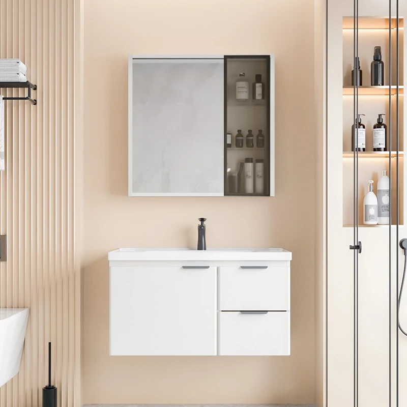 奶油风不锈钢一体盆新款浴室柜卫生间陶瓷卫浴柜洗脸盆柜组合