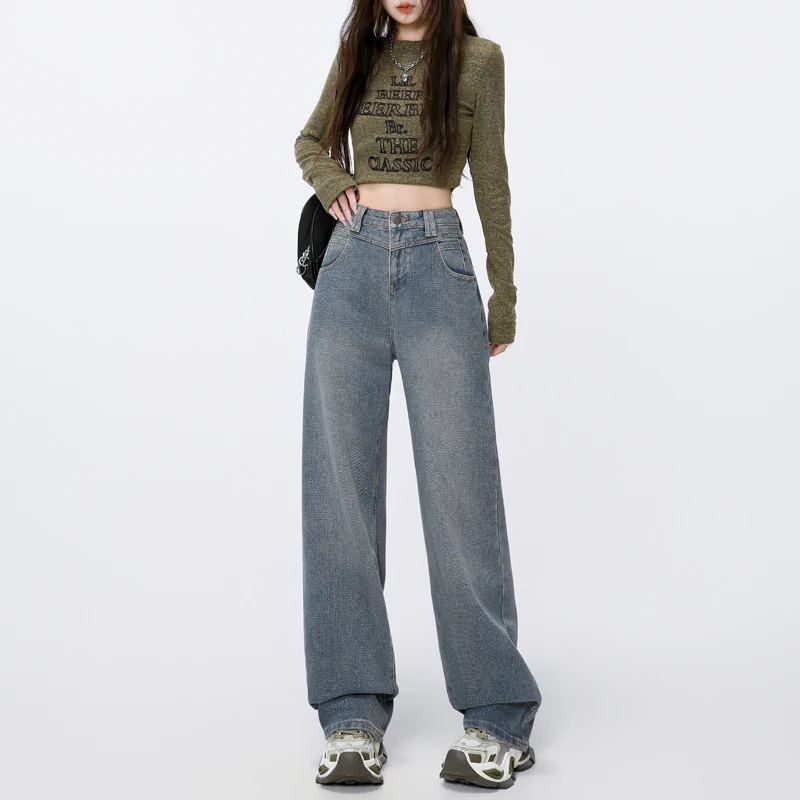 夏箐箩 柔软麦穗星空纹面料 秋季新款质感提花阔腿牛仔拖地裤Y517