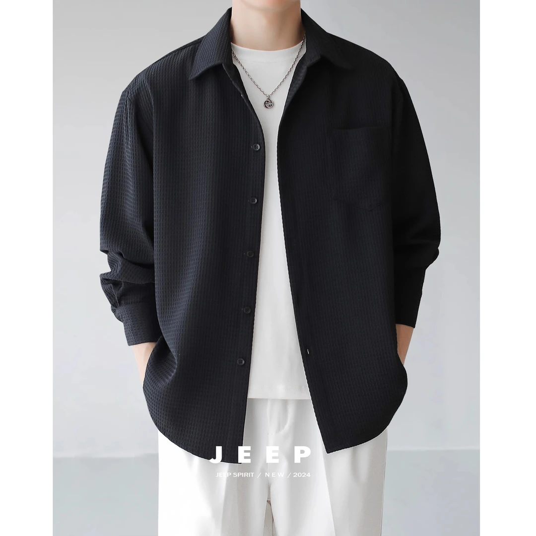 吉普时尚华夫格黑色衬衫男高级感春秋季2025新款韩版休闲衬衣外套