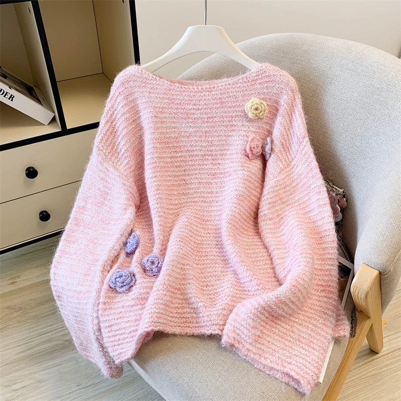 韩版立体花朵紫色毛衣女秋冬氛围感穿搭大码胖mm宽松慵懒风针织衫