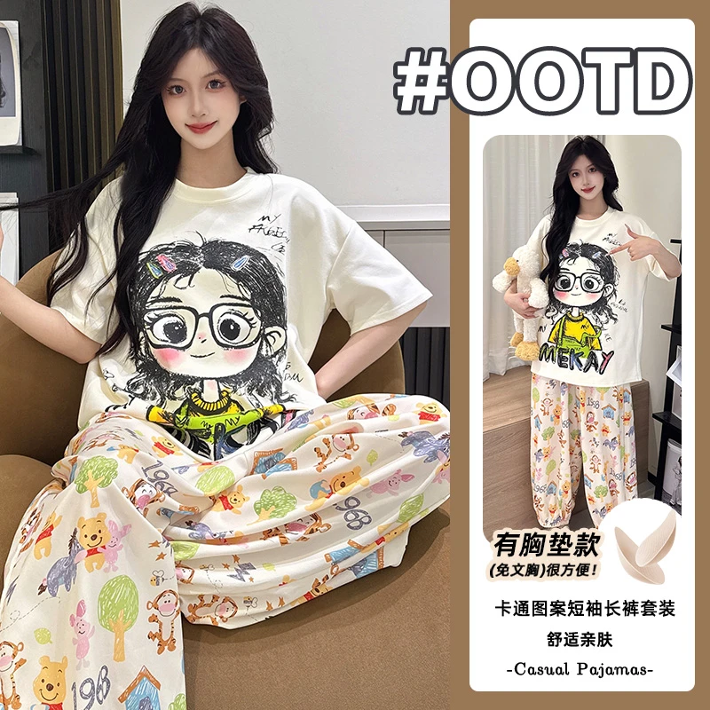 爆款夏季纯棉睡衣女士束脚裤新款卡通减龄短袖长裤睡衣家居服套装