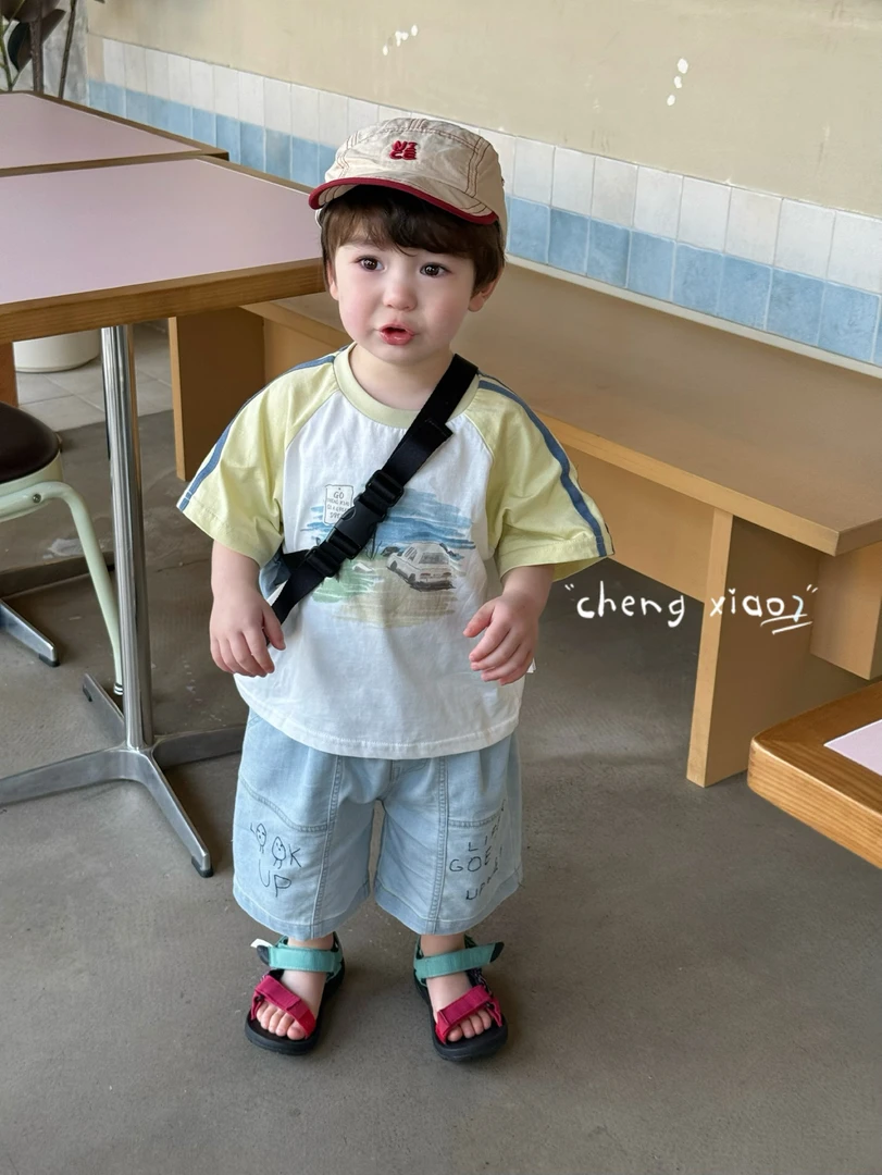 夏季新款男童小童韩版汽车涂鸦拼色短袖T恤帅气休闲夏天牛仔短裤