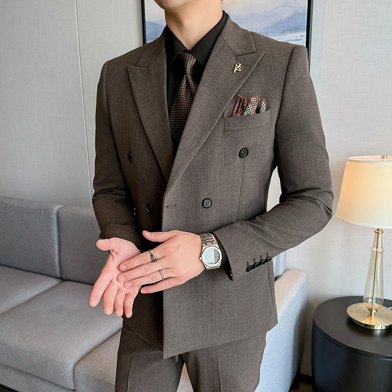 双排扣西装男套装修身韩版通勤休闲西服外套男士新郎结婚礼服正装