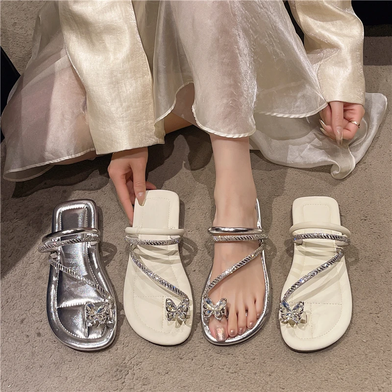 一字拖凉鞋水钻拖鞋外穿防滑夏季平底百搭沙滩鞋水钻法式凉拖鞋