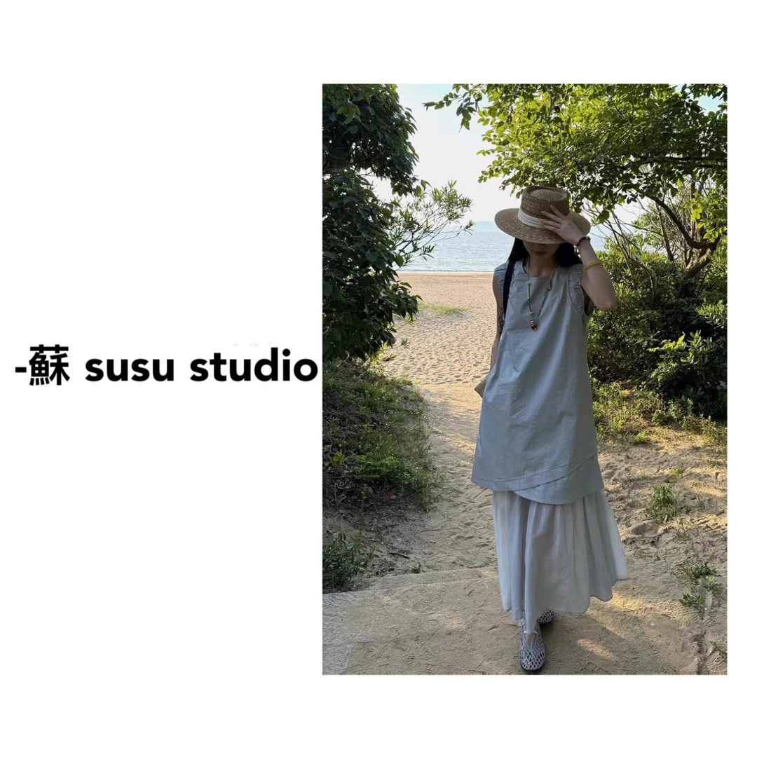 韩系褶皱假两件背心连衣裙2025夏季新款设计感显瘦无袖长裙子369