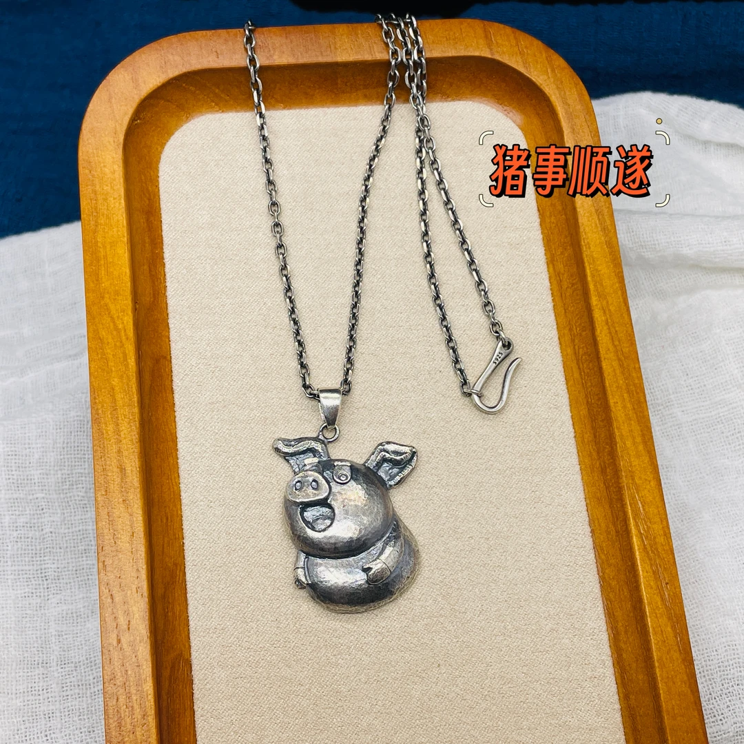 ZHUOWU/拙悟 坠链均925银 《福小猪》原创纯手工时尚朋克风项链吊坠