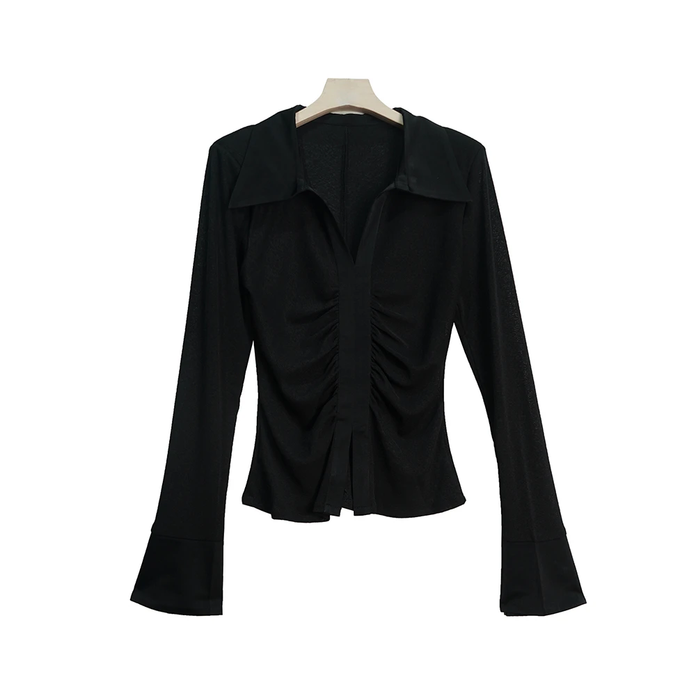 X2653【上新】褶皱拼接缎面衬衫高级设计感小众气质法式别致上衣4C