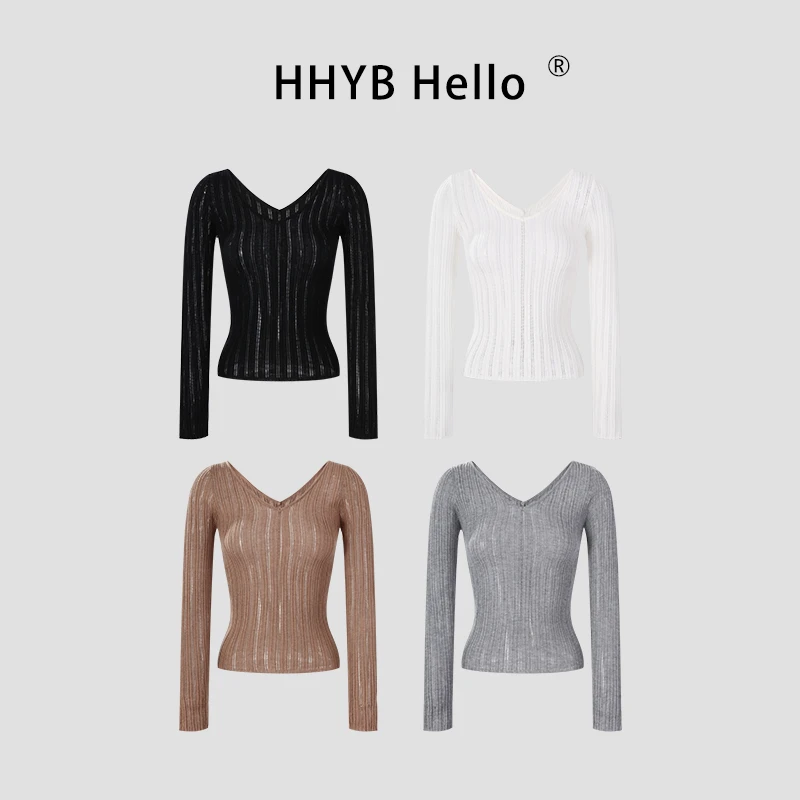 HHYB Hello镂空微透V领长袖针织衫女2025新款修身显瘦小上衣M1107
