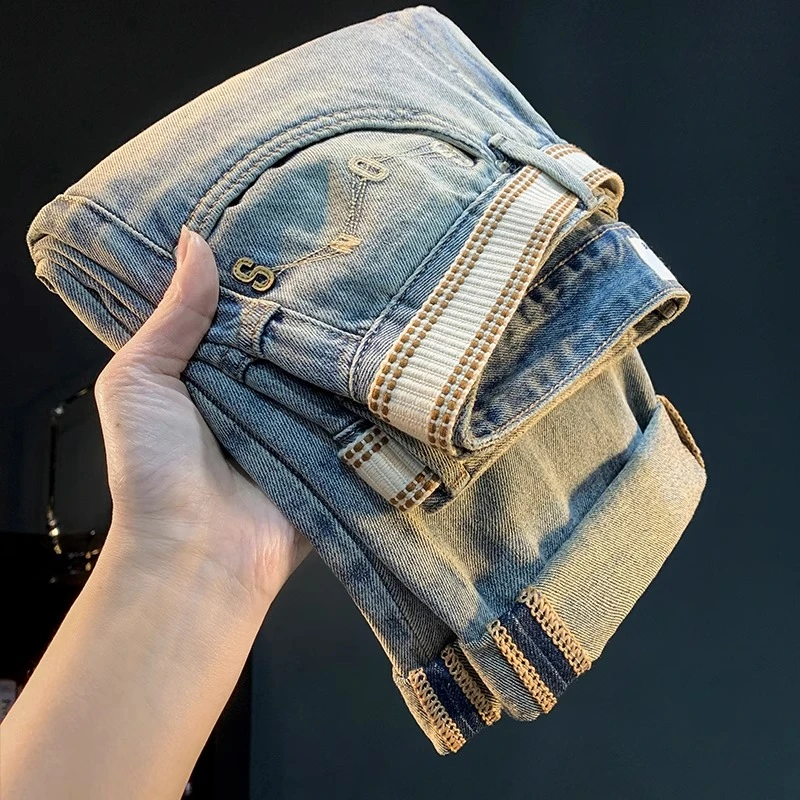 Cebrodz浅蓝色复古做旧水洗牛仔裤男士2025年夏季新款潮流男裤