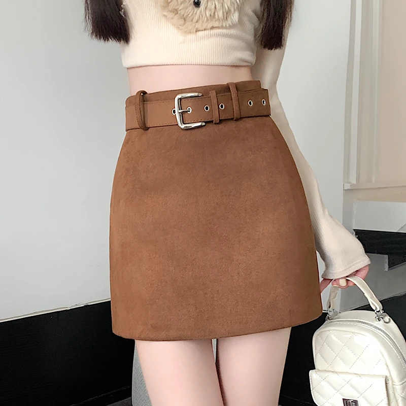 韩版复古麂皮绒包臀短裙女2025秋季新款高腰显瘦百搭a字半身裙子