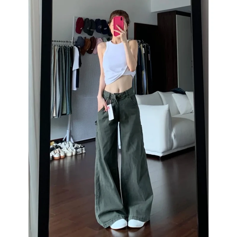 美式复古军绿色工装牛仔裤女秋季高腰显瘦设计感直筒阔腿拖地裤子