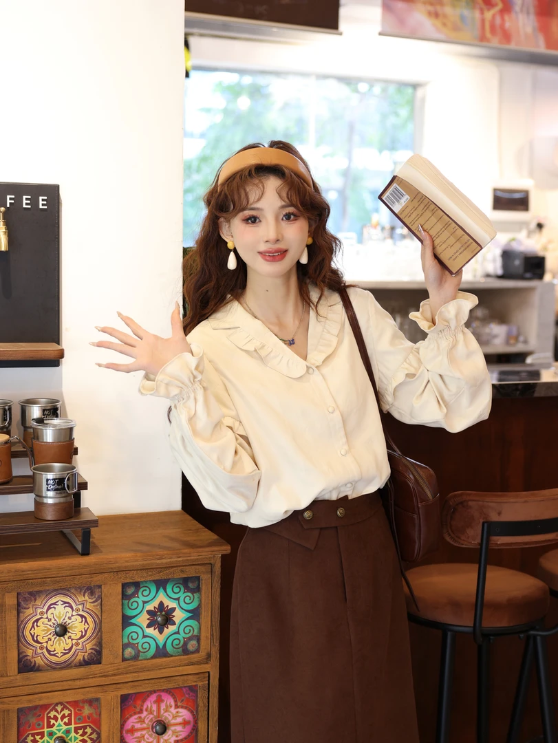 温敏er【乌木柔雾】港风复古纯色衬衫女宽松显瘦上衣MW2023194