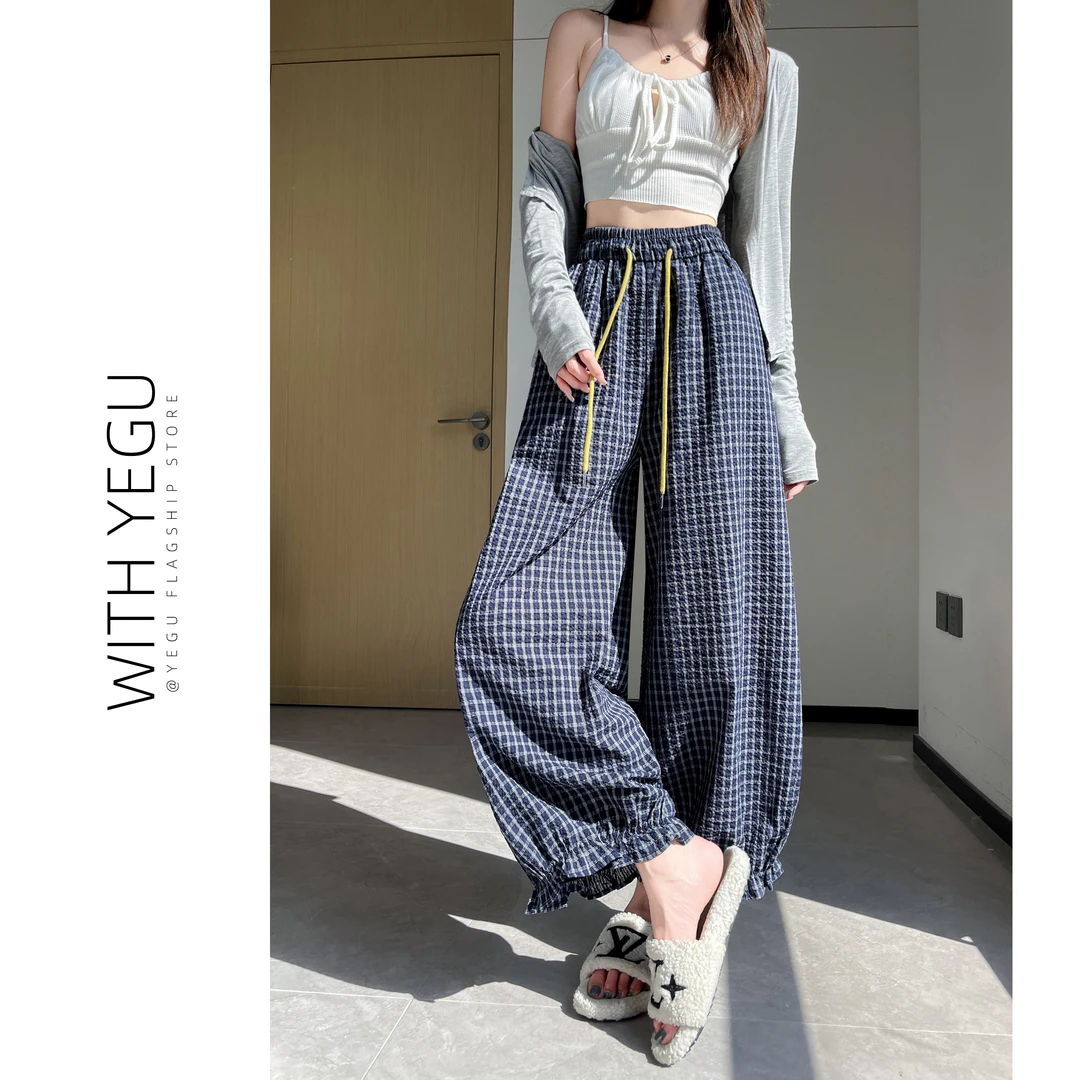 慵懒感木耳边格子休闲裤女夏季薄款抽绳花苞裤小个子九分灯笼裤子